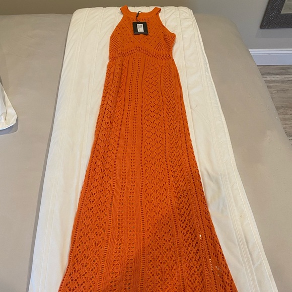 PLT ORANGE CUT OUT DETAIL CROCHET KNIT MIDI DRESS - Picture 6 of 11